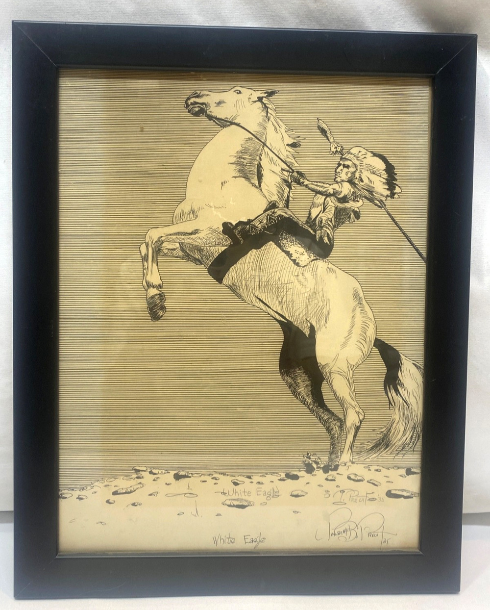 Original Pen and Ink Drawing of White Eagle American Indian Warrior Signed 1935